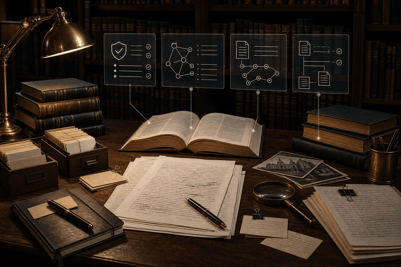 Table de travail doctorale avec manuscrit, sources et journal de documentation IA